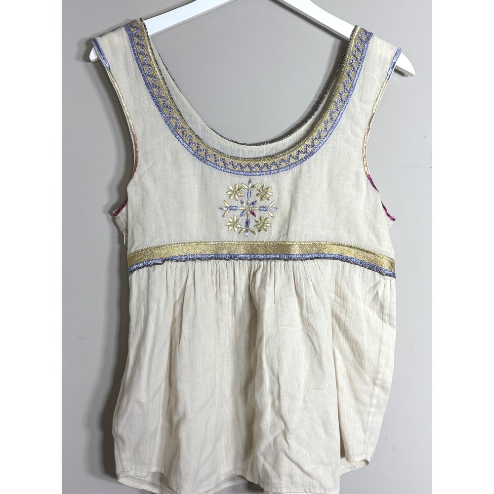 Christophe Sauvat Metallic Embroidered Boho Beaded Babydoll Top Cream Medium - Picture 3 of 12